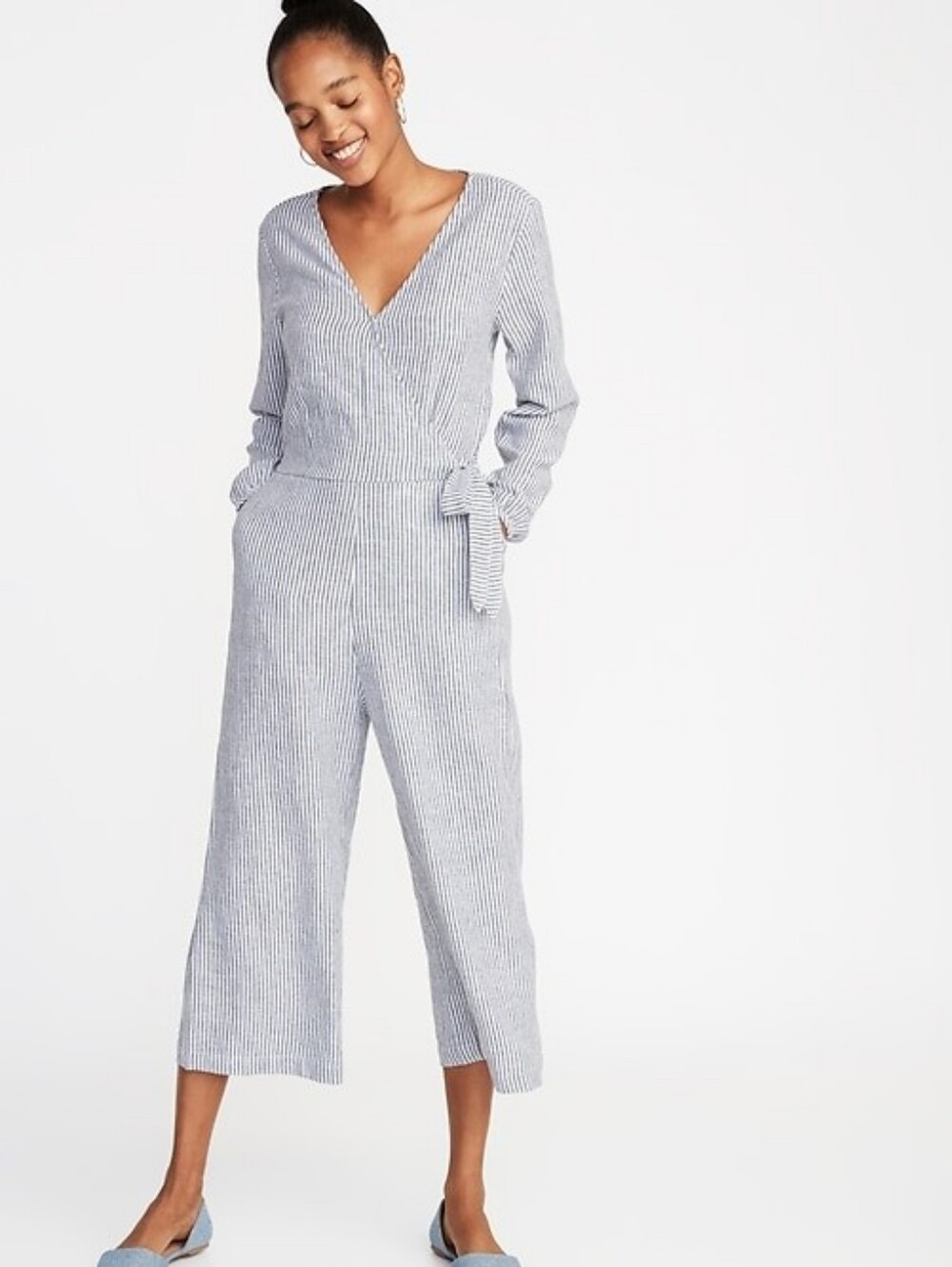 Old Navy Women's Waist-Defined Linen-Blend Striped Jumpsuit Preppy Chic